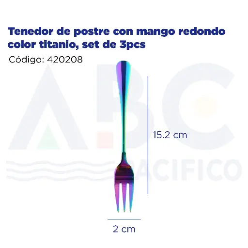 [420208] Tenedor de postre con mango redondo color titanio, set de 3pcs