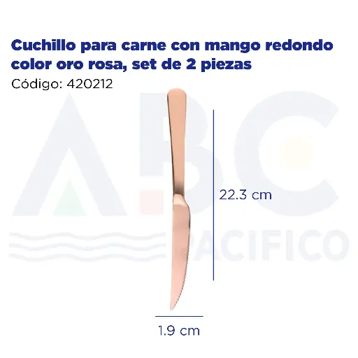 [420212] Cuchillo para carne con mango redondo color oro rosa, set de 2 piezas