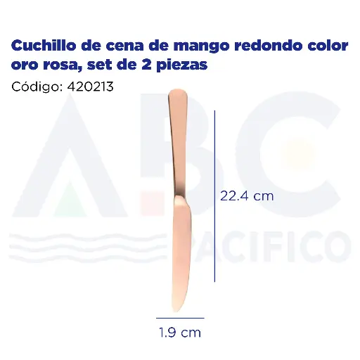 [420213] Cuchillo de cena de mango redondo color oro rosa, set de 2 piezas