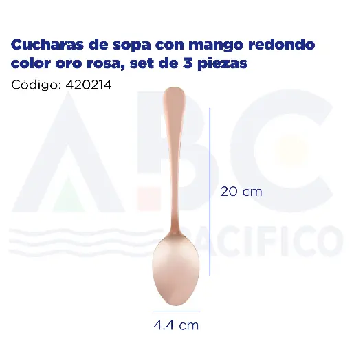 [420214] Cucharas de sopa con mango redondo color oro rosa, set de 3 piezas