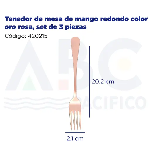 [420215] Tenedor de mesa de mango redondo color oro rosa, set de 3 piezas
