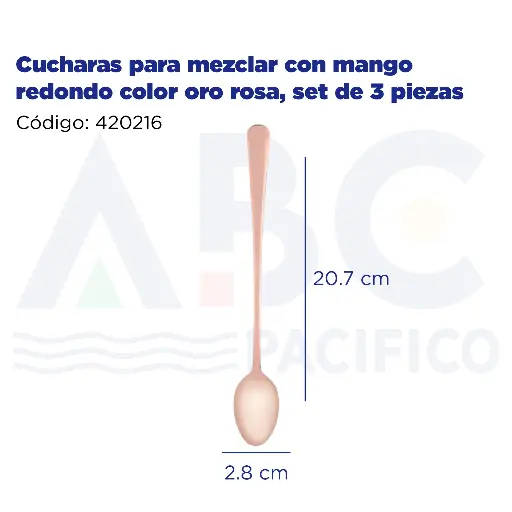 [420216] Cucharas para mezclar con mango redondo color oro rosa, set de 3 piezas