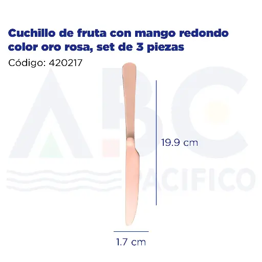 [420217] Cuchillo de fruta con mango redondo color oro rosa, set de 3 piezas