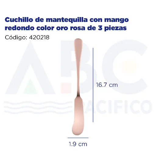 [420218] Cuchillo de mantequilla con mango redondo color oro rosa de 3 piezas