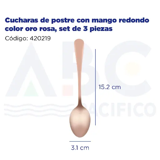 [420219] Cucharas de postre con mango redondo color oro rosa, set de 3 piezas
