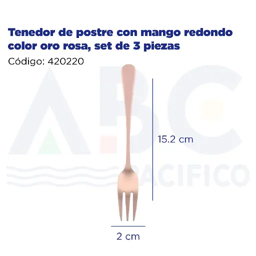[420220] Tenedor de postre con mango redondo color oro rosa, set de 3 piezas