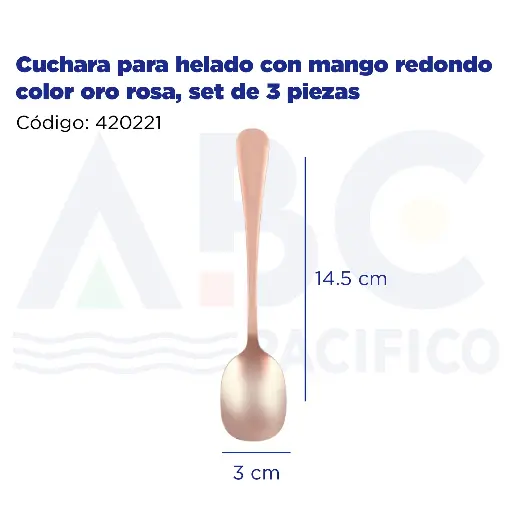 [420221] Cuchara para helado con mango redondo color oro rosa, set de 3 piezas