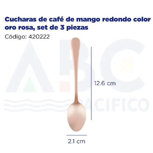 [420222] Cucharas de café de mango redondo color oro rosa, set de 3 piezas