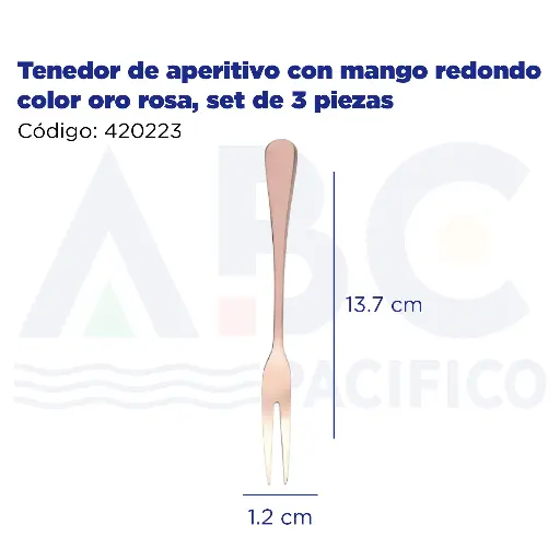 [420223] Tenedor de aperitivo con mango redondo color oro rosa, set de 3 piezas