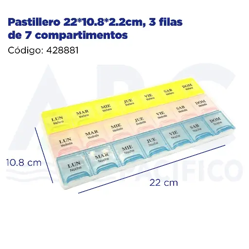 [428881] Pastillero 22*10.8*2.2cm, 3 filas de 7 compartimentos
