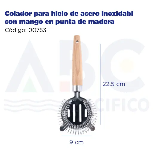 [00753] Colador para hielo de acero inoxidable con mango en punta de madera