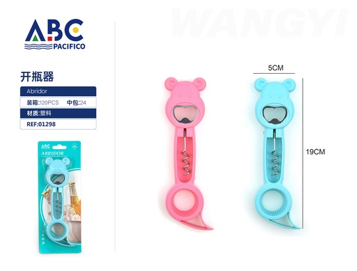 [01298] Sacacorchos y destapador de acero inoxidable con borde de plástico 19*5 cm