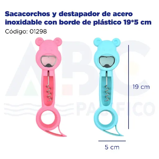 [01298] Sacacorchos y destapador de acero inoxidable con borde de plástico 19*5 cm