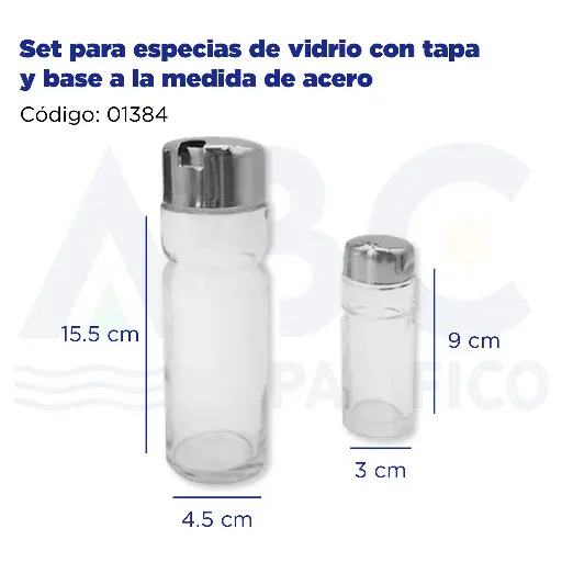 [01384] Set para especias de vidrio con tapa y base a la medida de acero