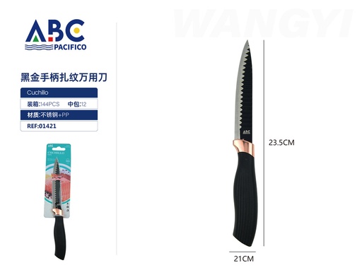 [01421] Cuchillo plano de acero inoxidable negro con mango cuadrado de plástico negro con dorado