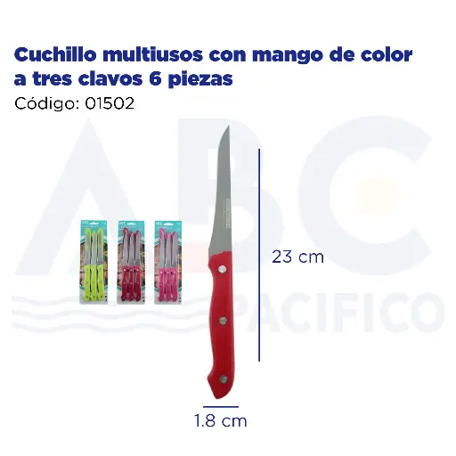 [01502] Cuchillo multiusos con mango de color a tres clavos 6 piezas