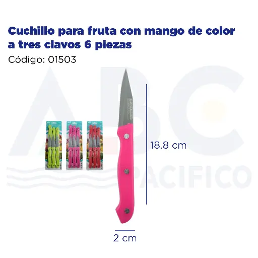 [01503] Cuchillo para fruta con mango de color a tres clavos 6 piezas