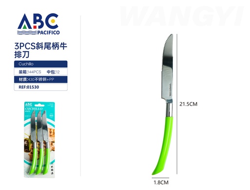 [01530] Cuchillo para carne con mango de plástico verde 3pzs