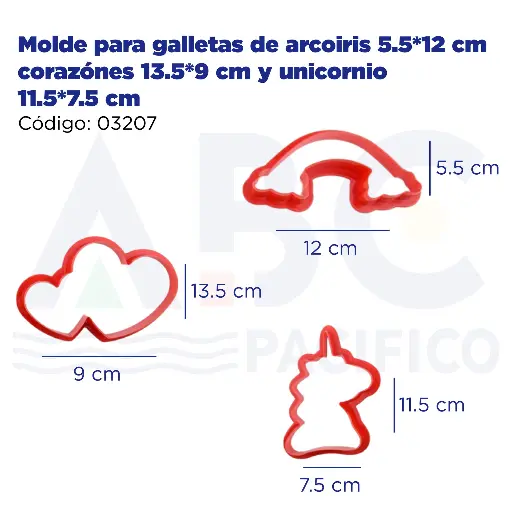 [03207] Molde para galletas de arcoiris 5.5*12 cm corazónes 13.5*9 cm y unicornio 11.5*7.5 cm de