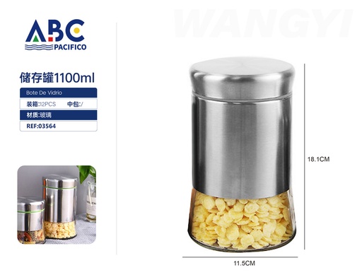 [03564] Frasco de vidrio para almacenaje con tapa de acero inoxidable de 1100ml