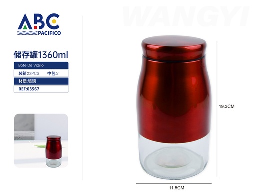 [03567] Frasco de vidrio para almacenaje con tapa de acero inoxidable en color rojo de 1360ml