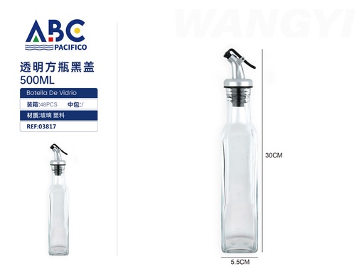 [03817] Botella cuadrada de vidrio con tapa para cerrado hermético y dispensador 500ml
