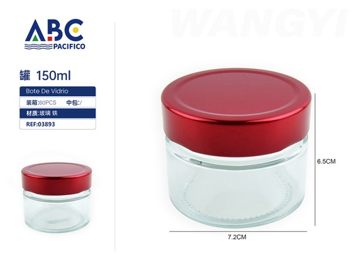 [03893] Tarro de vidrio de 150ml con tapa de acero inoxidale en color rojo