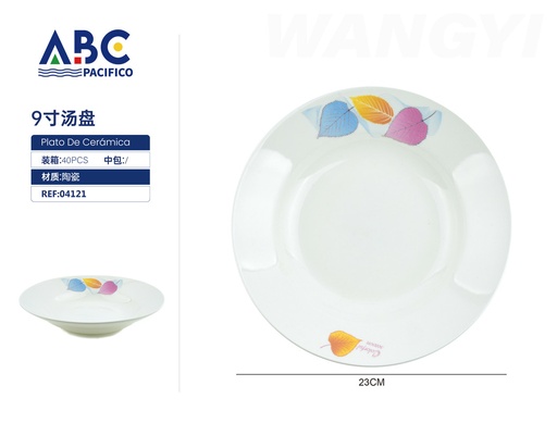 [04121] Plato para sopa en cerámica en color blanco con diseño de hojas de colores 9"