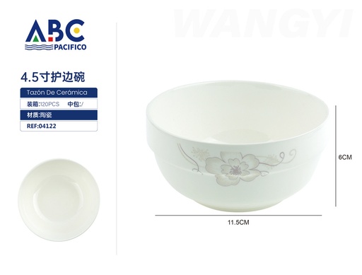 [04122] Cuenco de cerámica blanco con borde detalles en flor 4.5"