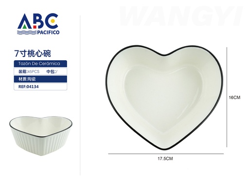 [04134] Cuenco de cerámica en forma de corazón con borde en color negro 7"