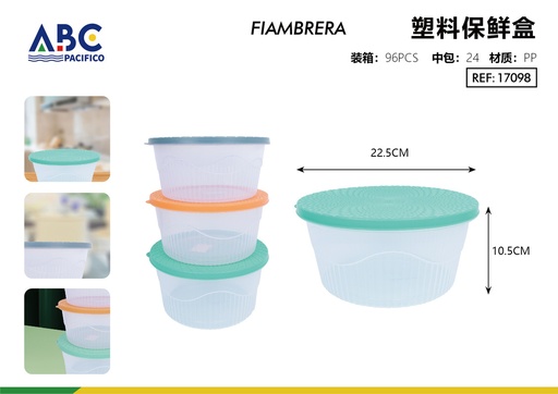 [17098] Contenedor de plástico fresh para alimentos con tapas de colores paquete de 24 pzs