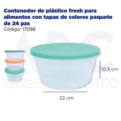 [17098] Contenedor de plástico fresh para alimentos con tapas de colores paquete de 24 pzs