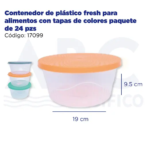 [17099] Contenedor de plástico fresh para alimentos con tapas de colores paquete de 24 pzs