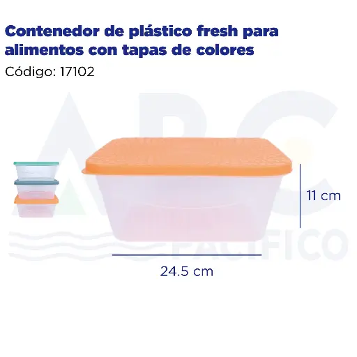 [17102] Contenedor de plástico fresh para alimentos con tapas de colores paquete de 24 pzs